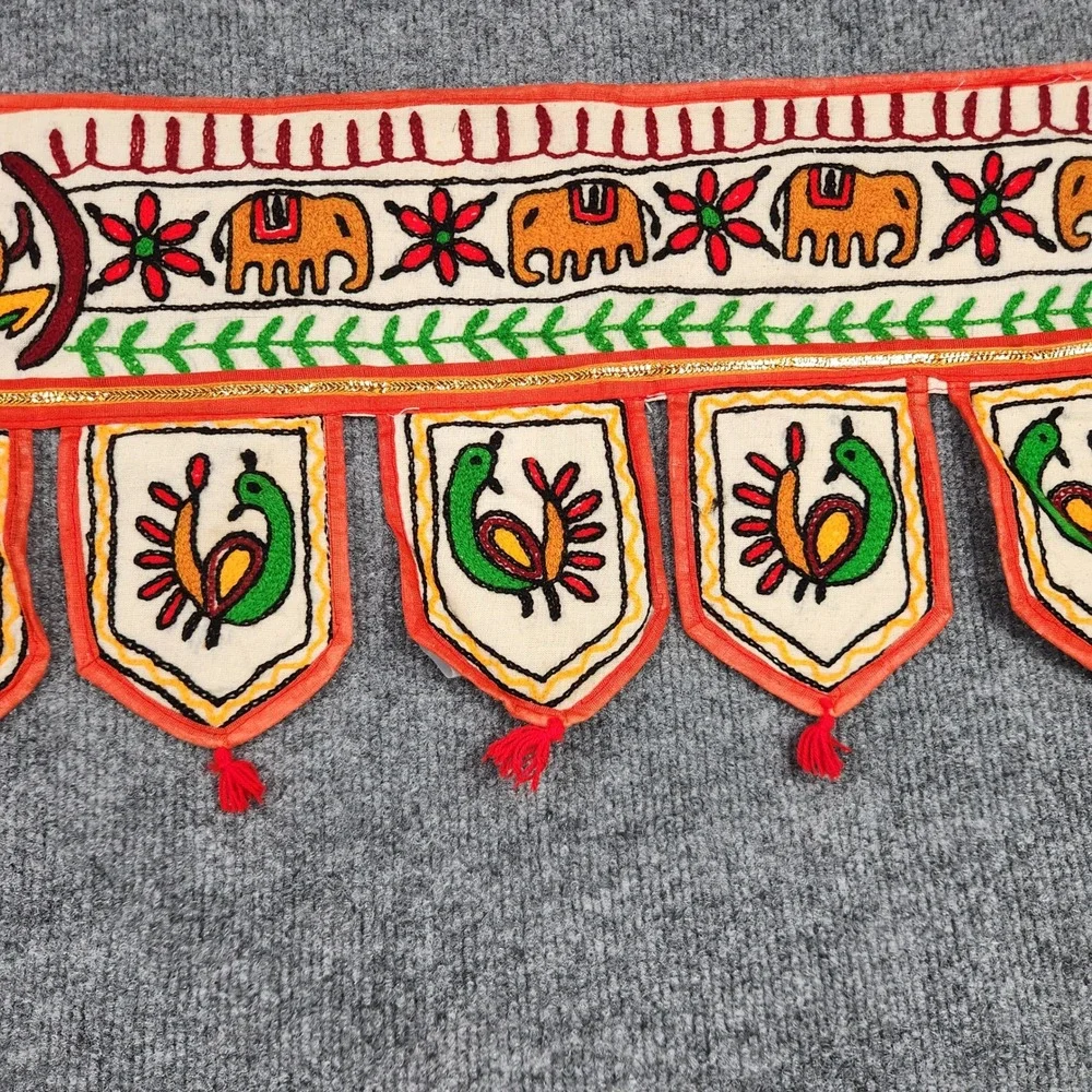 Vintage Indian Toran Hand Embroidered Ganesha Elephant Peacock Door Hanging 36in